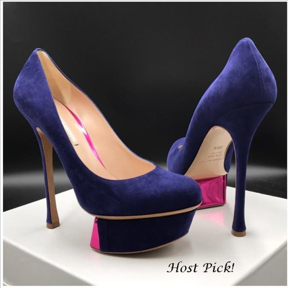 NICHOLAS KIRKWOOD Helmut Navy Suede, Metallic Fuchsia, 5.5"Heel Luxury NWT US 8